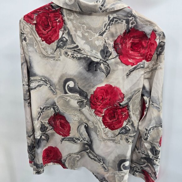 Additions by Chico's Cream Gray Red Roses Button Down Long Sleeved Shirt 0/XS - Picture 6 of 11